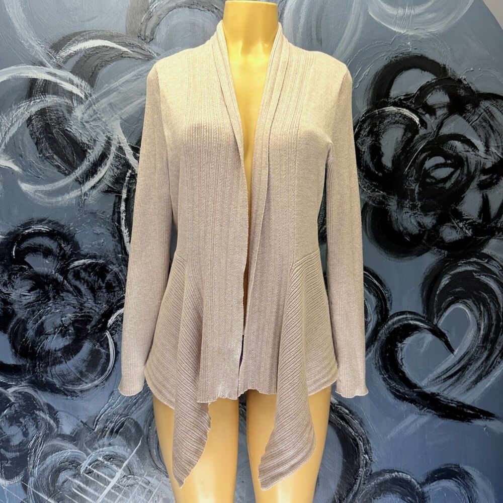 Verve Ami Cardigan L Oatmeal Beige Open Front Waterfall Hem